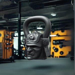 Pode incluir: Um kettlebell preto com um design de capacete de samurai. O equipamento de levantamento de peso apresenta uma alça e um rosto detalhado com uma expressão severa. O fundo mostra um ambiente de ginásio com detalhes em amarelo e preto.