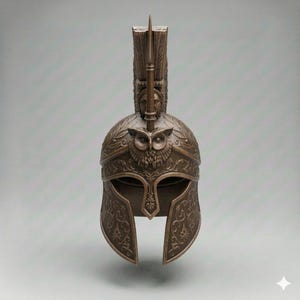 Könnte beinhalten: Bronzefarbener spartanischer Helm mit aufwendigen Details. Er verfügt über ein Eulenemblem, Lorbeerblätter und einen hohen Kamm. Das Design des Helms umfasst Gesichtsschutz und dekorative Muster.