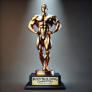 May include: A gold-colored bodybuilding competition trophy. The trophy features a muscular male figure in a classic pose, standing on a black base with a gold plaque that reads "BODYBUILDING COMPETITION". The trophy is well-lit, highlighting its details.