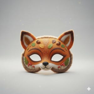 May include: A whimsical fox mask with a detailed design. The mask features a vibrant orange and brown color scheme, with white eye openings. Decorative elements include leaves, mushrooms, and fur trim, creating a playful and enchanting aesthetic. Perfect for costume parties or imaginative play.
