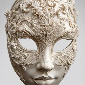 May include: Ivory-colored, ornate mask with floral and leaf patterns. The mask features eye openings, a nose, and lips, with detailed relief carvings across the surface. The design suggests a Venetian or masquerade theme.