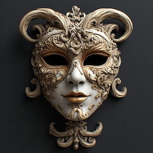 May include: A decorative wall mask featuring an off-white face with gold-painted lips and intricate, raised scrollwork patterns in a cream and gold finish. The mask has curved, horn-like structures at the top and ornate filigree detailing.