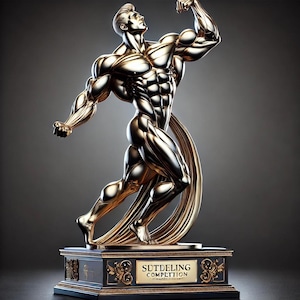 Può includere: Trofeo dorato raffigurante una figura muscolosa in posa di flessione. Montato su una base nera con dettagli dorati e la scritta "SUTDELING COMPETITION". La figura è molto dettagliata, con una posa dinamica, che suggerisce una competizione di bodybuilding.
