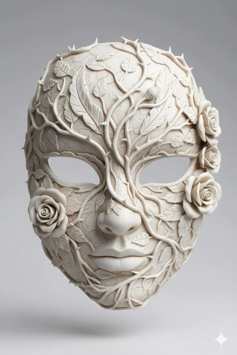 Maschera di rosa spinata, scultura botanica dettagliata per decorazioni cosplay, file STL 3D immagine 1