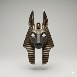 May include: A bronze-colored Anubis mask with a black snout and eye openings. The mask features tall, pointed ears and a striped headdress. The mask is a representation of the ancient Egyptian god of the afterlife.