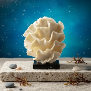 Puede incluir: Una escultura de coral color crema con una textura arrugada, montada sobre una base negra. La escultura se encuentra sobre una superficie de piedra clara y texturizada, con pequeños guijarros, conchas marinas y algas. El fondo es un degradado azul.