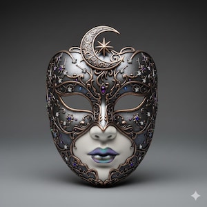 May include: Ornate silver and bronze masquerade mask with a crescent moon and star design. The mask features intricate filigree, embellished with purple and blue gemstones, and a white face with iridescent lips.
