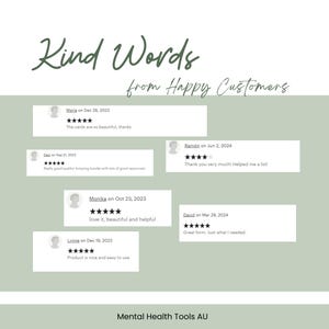 May include: A light green graphic with the text "Kind Words from Happy Customers" in a handwritten style. Customer reviews are displayed in white boxes with five-star ratings and comments. The bottom of the graphic displays "Mental Health Tools AU".
