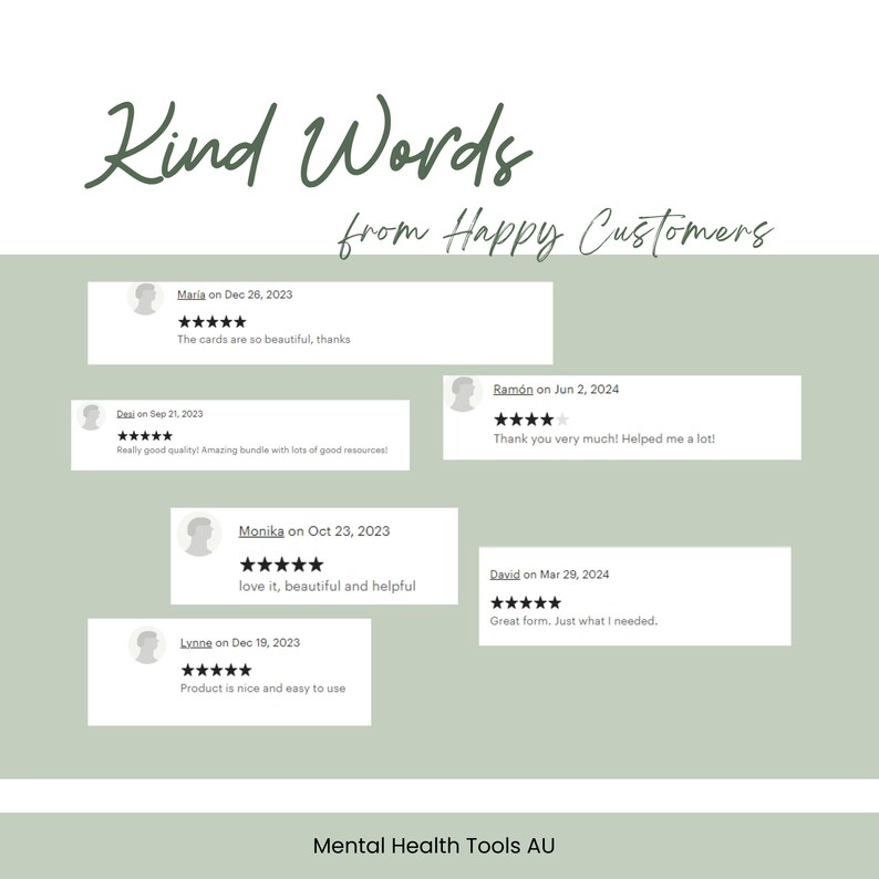 May include: A light green graphic with the text "Kind Words from Happy Customers" in a handwritten style. Customer reviews are displayed in white boxes with five-star ratings and comments. The bottom of the graphic displays "Mental Health Tools AU".