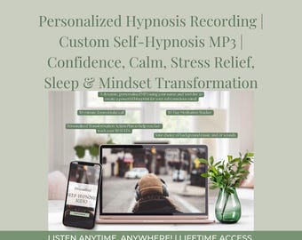 May include: Image promoting personalized self-hypnosis MP3s for confidence, calm, stress relief, and sleep. A laptop and smartphone display the product, with text including "Listen Anytime, Anywhere!" and "Lifetime Access."