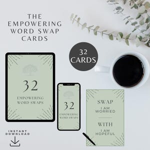 May include: An image showing "The Empowering Word Swap Cards" with the text "32 Cards". The cards are displayed on a tablet, a phone, and a physical card. The physical card reads "Swap I am worried with I am hopeful". A coffee cup and pen are also visible.