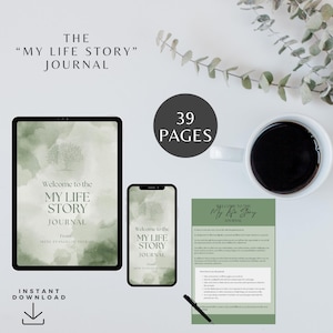 Może przedstawiać: Cyfrowy dziennik zatytułowany "The My Life Story Journal" z 39 stronami, wyświetlany na tablecie, telefonie i wydrukowanej stronie. Dziennik ma akwarelowy design i tekst "Welcome to the My Life Story Journal."
