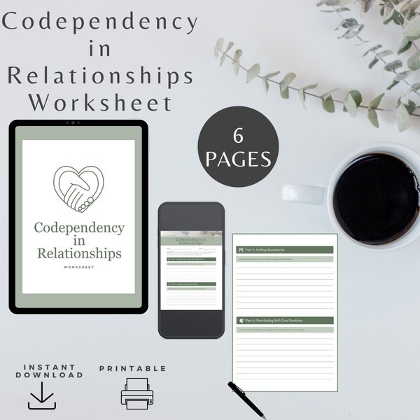 Codependency in Relationships Printable Workbook & worksheet, Mental Health Resource Self-help, self esteem, Codependency therapy worksheets