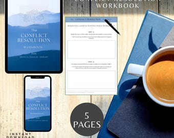 May include: A digital workbook titled The Conflict Resolution Workbook featuring a blue mountain landscape and tree graphic, displayed on a tablet and smartphone, alongside a printed worksheet, a black pen, and a white mug of coffee on a blue folder.