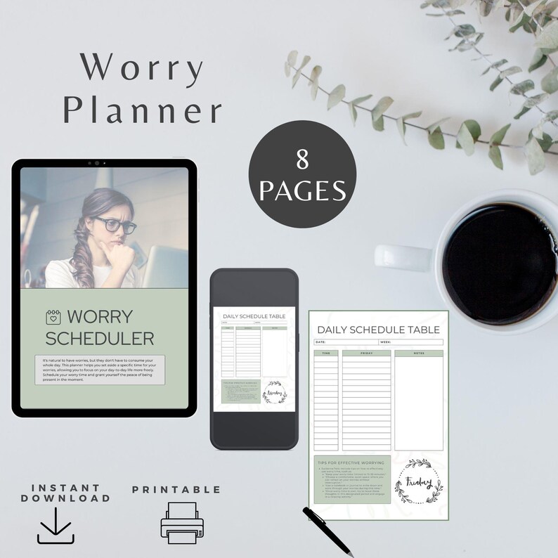 Anxiety Planner Printable Worry Scheduler Mental Health Workbook Therapy Worksheet Collection Coping Skills Resource Stress Management Toolkit Daily Anxiety Tracking Mental Wellness Organization Worry Time Allocation Instant Download