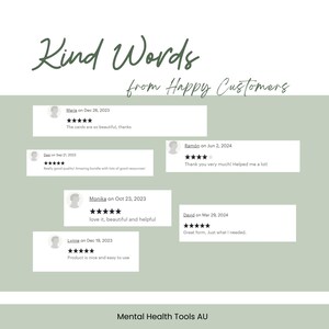 K&ouml;nnte beinhalten: Hellgr&uuml;ne Grafik mit dem Text "Kind Words from Happy Customers" in handschriftlichem Stil. Kundenbewertungen werden in wei&szlig;en K&auml;stchen mit F&uuml;nf-Sterne-Bewertungen und Kommentaren angezeigt. Am unteren Rand der Grafik steht "Mental Health Tools AU".