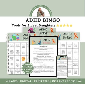 Può includere: Strumenti ADHD Bingo per figlie maggiori che includono un set di gioco digitale con istruzioni e vantaggi. Il set comprende diverse pagine con una griglia di riquadri contenenti testo, un'icona a nastro arancione e un badge circolare con la scritta instant download or print it out. Il design è presentato su uno schermo di tablet e smartphone.