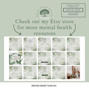 K&ouml;nnte beinhalten: Werbung f&uuml;r psychische Gesundheitsressourcen. Das Bild zeigt eine Sammlung von Journalen mit Titeln wie "My Life Story Journal" und "Self-Care Journal". Der Text fordert die Betrachter auf, den Etsy-Shop f&uuml;r weitere Ressourcen zu besuchen und bietet einen Rabatt an.