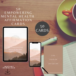 50 Tarjetas de Afirmaciones Empoderadoras, Frases de Afirmaciones Positivas, Tarjetas de Manifestación Digital de Autocuidado, Regalo ADICIONAL, Hoja de Trabajo "Declaraciones de Yo Soy"
