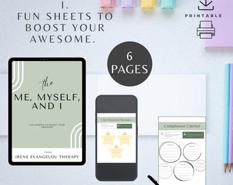 May include: Digital download featuring self-improvement sheets. The image includes a tablet, smartphone, and printed pages with the text "ME, MYSELF, AND I" and "FUN SHEETS TO BOOST YOUR AWESOME." The design incorporates pastel colors and a minimalist aesthetic.