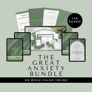 May include: A digital bundle titled "The Great Anxiety Bundle" is presented with tablets and printed materials. The tablets display green covers with titles such as "Anxiety Rehab" and "Overcome Negative Self Talk." The bundle contains 170 pages of content, as shown by a circular graphic.