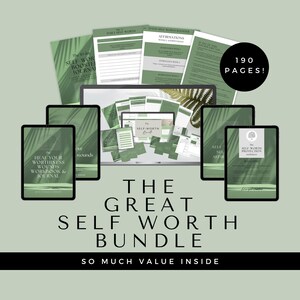 May include: A digital self-worth bundle with a green and white design. The image includes a laptop, tablets, and printed materials. Text includes "The Great Self Worth Bundle" and "So Much Value Inside."