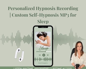 May include: A smartphone displays a sleep hypnosis recording with a woman sleeping. The phone is next to white wireless earbuds. The text reads "Personalized Hypnosis Recording | Custom Self-Hypnosis MP3 for Sleep". A woman is holding a black mug.