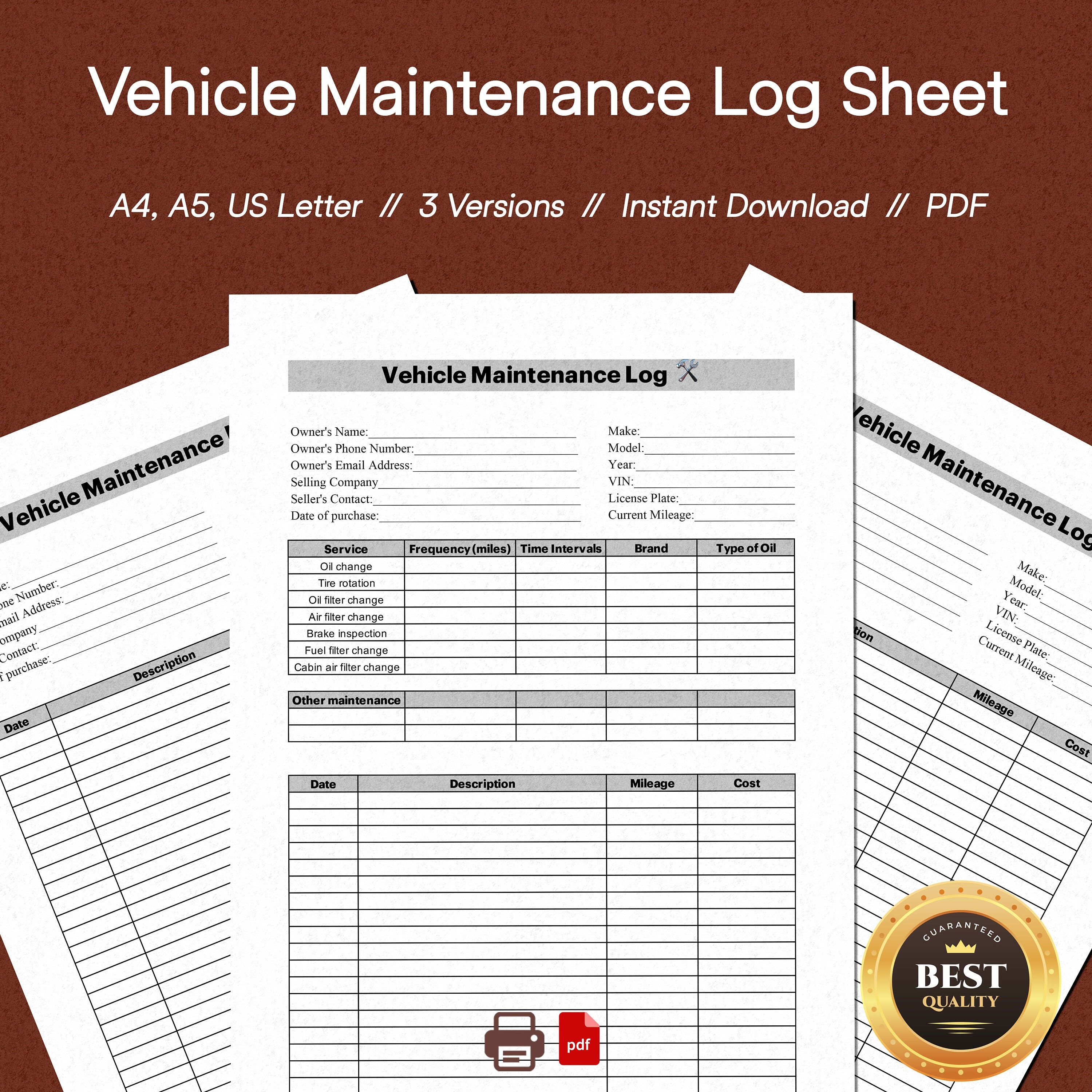 Vehicle Maintenance Log Book, Car Maintenance Tracker Log Sheet, Car