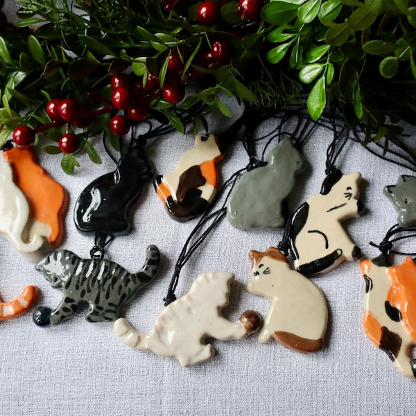 Handmade Ceramic Cat Hanging Ornaments / Christmas Cat Ornaments
