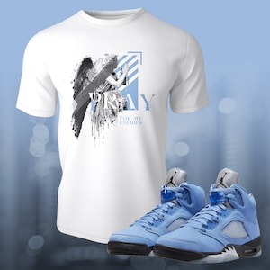 Retro 5 UNC University Blue 5s Pray Sneaker Shirt to Match Street Wear T-shirt Unisex Short Sleeve Tee