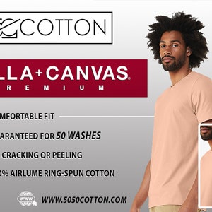 May include: A close-up of a peach-coloured t-shirt with a V-neck. The shirt is made of 100% airlume ring-spun cotton and is guaranteed for 50 washes. The text "COTTON", "BELLA+CANVAS", "PREMIUM", "COMFORTABLE FIT", "GUARANTEED FOR 50 WASHES", "NO CRACKING OR PEELING", "100% AIRLUME RING-SPUN COTTON", and "WWW.5050COTTON.COM" is visible on the image.
