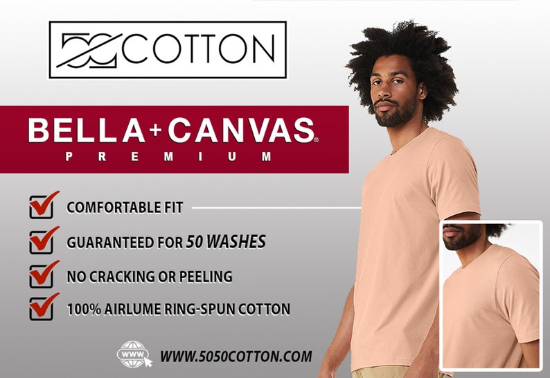 May include: A close-up of a peach-coloured t-shirt with a V-neck. The shirt is made of 100% airlume ring-spun cotton and is guaranteed for 50 washes. The text "COTTON", "BELLA+CANVAS", "PREMIUM", "COMFORTABLE FIT", "GUARANTEED FOR 50 WASHES", "NO CRACKING OR PEELING", "100% AIRLUME RING-SPUN COTTON", and "WWW.5050COTTON.COM" is visible on the image.