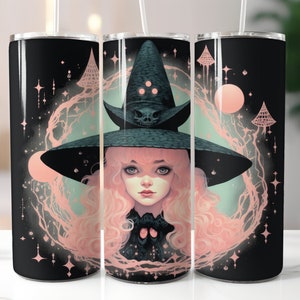Pink Vintage Look Witch Illustration, Halloween, pastel goth 20 oz Skinny Tumbler Design Digital Download PNG