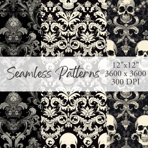 Halloween Damask Skulls Seamless Pattern Set (3) , printable, scrapbook paper, sublimation, Digital Download PNG