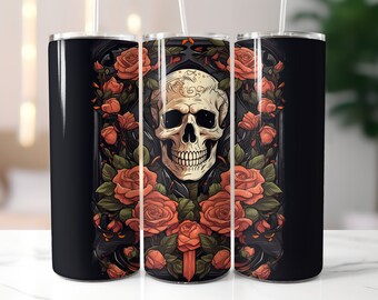 Skeleton and roses illustration, Sublimation Design 20 oz Skinny Tumbler Design Digital Download PNG