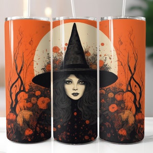 Classic Orange Vintage Look Witch Illustration, Halloween, goth 20 oz Skinny Tumbler Design Digital Download PNG