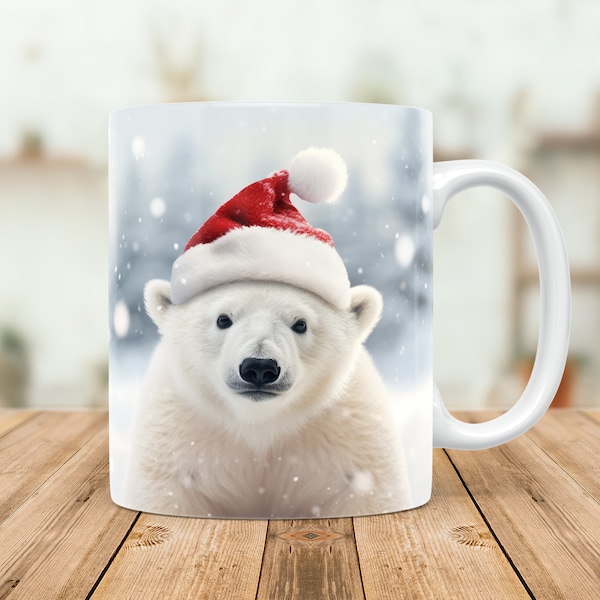 Christmas Winter Polar bear in santa hat , 11oz And 15oz  Mug Sublimation Design, Mug Wrap Template, Instant Digital Download PNG