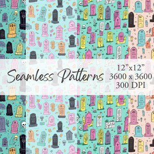 Conjunto de 4 patrones sin costuras de lápidas de cementerio de Halloween en tonos pastel, imprimible, papel para álbumes de recortes, sublimación, descarga digital PNG