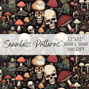 Halloween Skulls and mushrooms Seamless Pattern Set (4) , printable, scrapbook paper, Digital Download PNG
