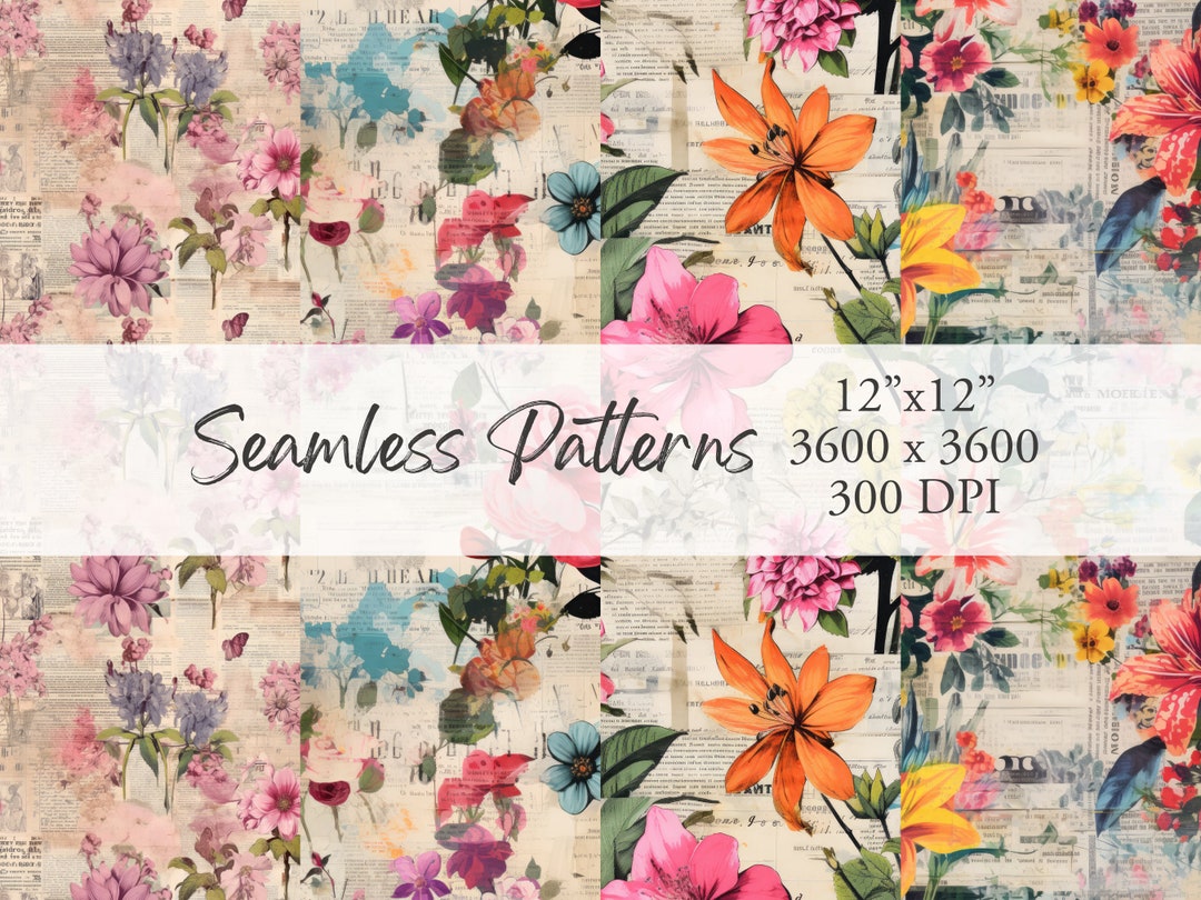 Floral and Newsprint Seamless Pattern Set 4 , Printable, Scrapbook Paper, Digital Download PNG ...