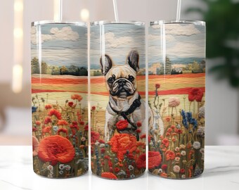 Bouledogue français Frenchie brodé 3D avec des fleurs Sublimation Design 20 oz Skinny Tumbler Design Digital Download PNG