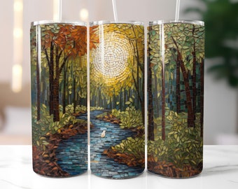 3D Mosaic Forest stream landscape Sublimation Design 20 oz Skinny Tumbler Design Digital Download PNG