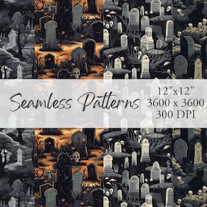 Conjunto de patrones sin fisuras de lápida del cementerio de Halloween (4), imprimible, papel de álbum de recortes, sublimación, descarga digital PNG