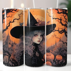 Classic Orange Vintage Look Witch Illustration, Halloween, goth 20 oz Skinny Tumbler Design Digital Download PNG