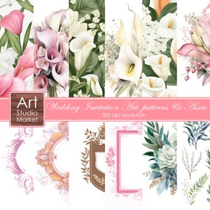 Erstellen Sie Ihr eigenes Hochzeitseinladungs-Kit. Kunstwerk, Nahtlose Blumenmuster & Grafik-Assets Pack, digitales Papier, sofortiger Download