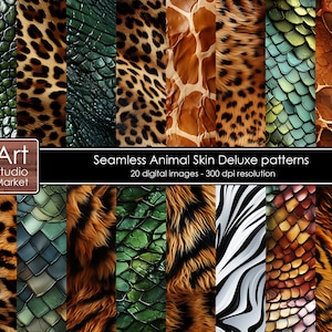 Textures de motifs de peau d'animal de luxe Papier numérique, motifs sans couture comprenant des tigres, des léopards, des crocodiles et plus encore. Téléchargement instantané