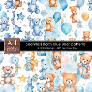 Baby Boy Digital Papers, Seamless Watercolor Teddy Bear Pattern, Baby Blue Teddy Bear Illustrations, Baby Shower, Nursery Background
