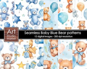 Baby Boy Digital Papers, Seamless Watercolor Teddy Bear Pattern, Baby Blue Teddy Bear Illustrations, Baby Shower, Nursery Background