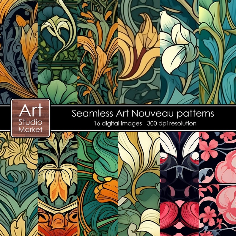 Art Nouveau Digital Paper, Seamless Art Nouveau Patterns for Printable