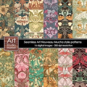 Art Nouveau Digital Paper, seamless Art Nouveau patterns in the style of Alphonse Mucha for printable scrapbook paper, instant download